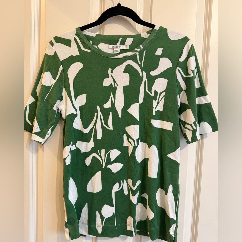 Chico’s, green and white short sleeve t shirt.
